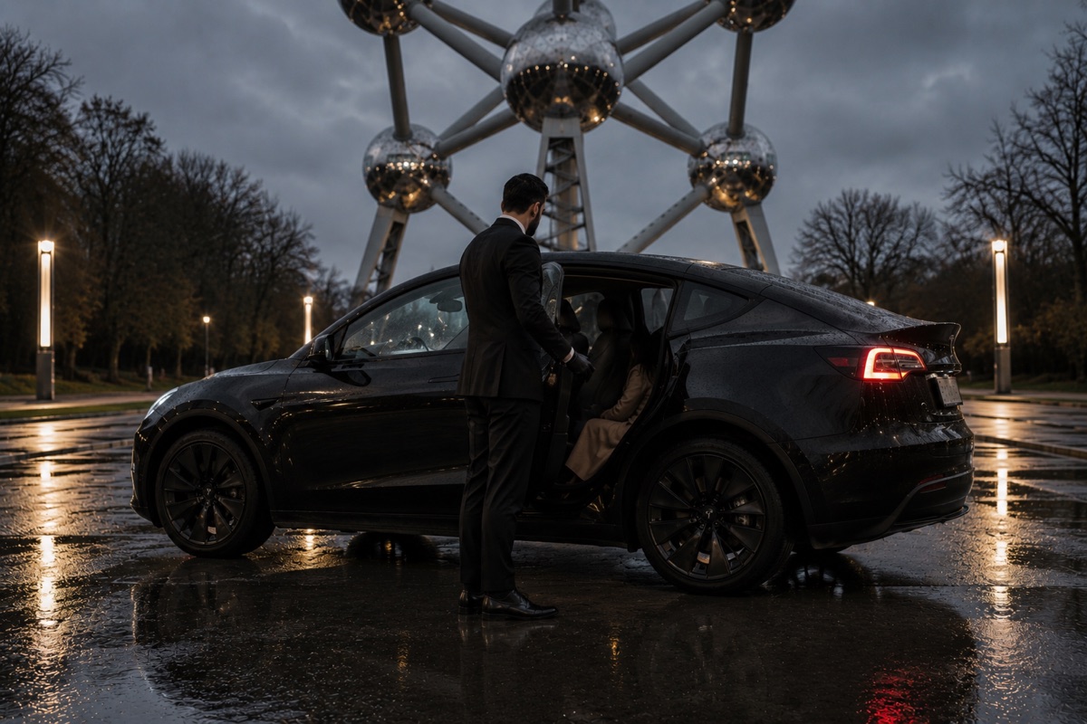 A B-DRIVE driver in front of a Tesla in Koekelberg